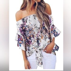 Off The Shoulder Bell Sleeve Top Bohemian White Floral Print Blouse Large